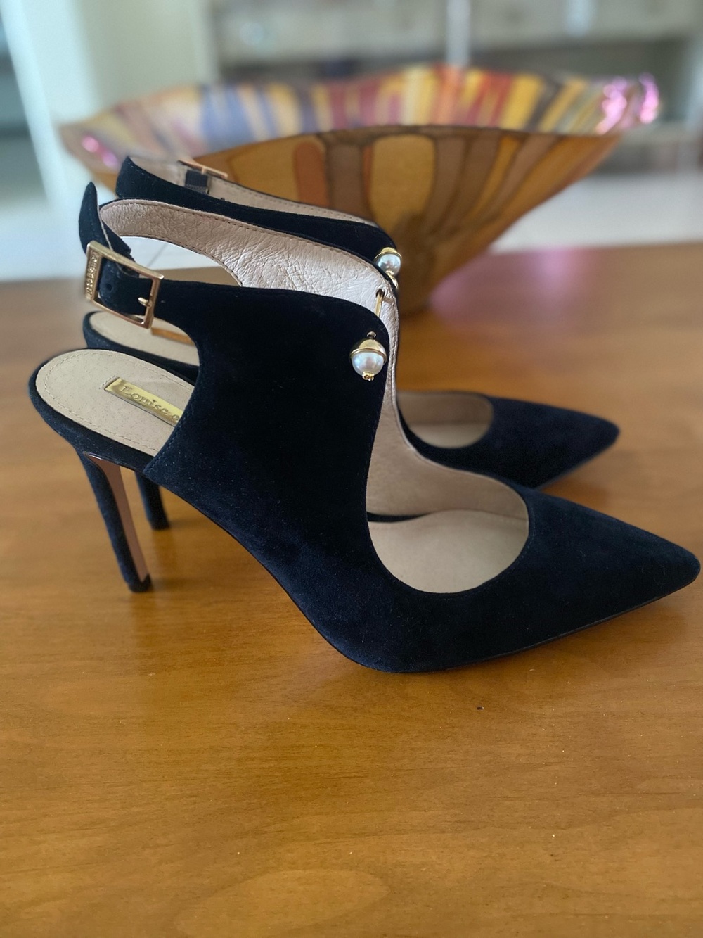 Louise et Cie Black Suede Pearl-Trim Slingback Heels